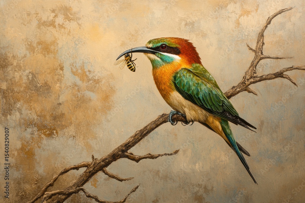 Poster colorful beeeater perched on a branch with a bee in its beak in a serene natural setting, bee-eater 