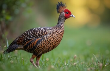 Beautiful woodcock bird stands in green grass. Wild animal with feather details, red head and crest. This bird in nature. Wildlife background, spring season concept.