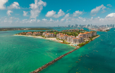 Fisher Island. Miami Beach skyline. Aerial view of South Pointe Park and South Beach.