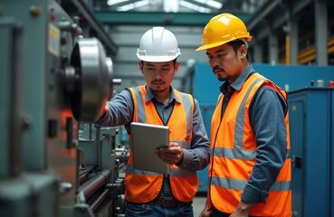 Asian male engineer and mechanic discuss work, using tablet near metal lathe machine. Workers wear safety hard hats, reflective vests. Factory environment, manufacturing process, quality control.