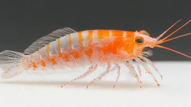 Close-up view of a vibrant orange shrimp showcasing intricate details against a neutral background
