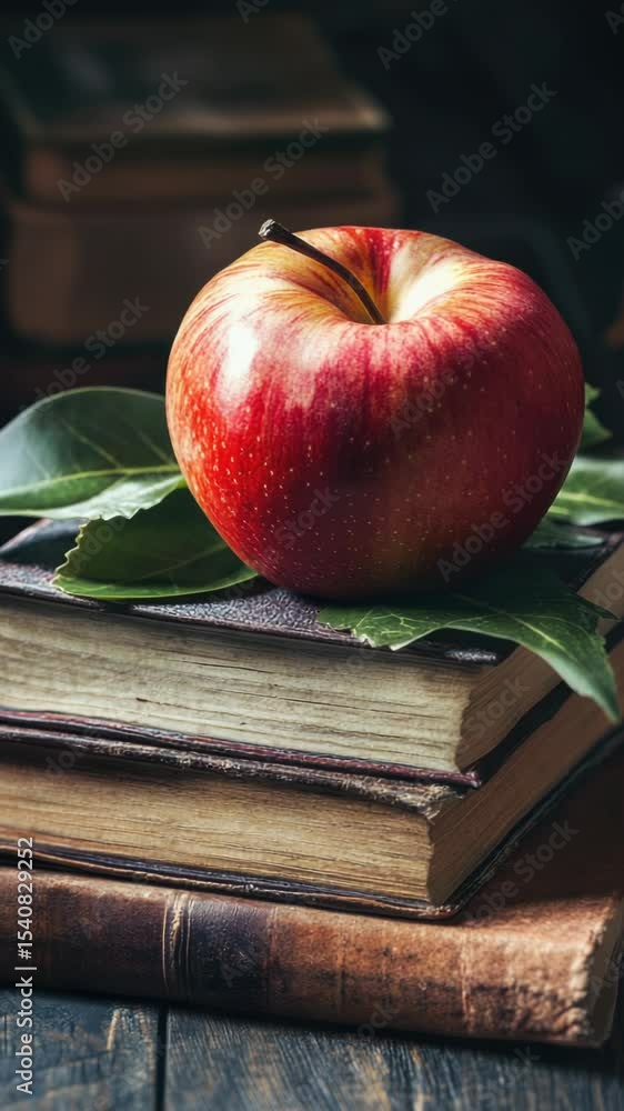 Aufkleber A single red apple sits atop a stack of books, perfect for adding a pop of color to educational or literary-themed designs