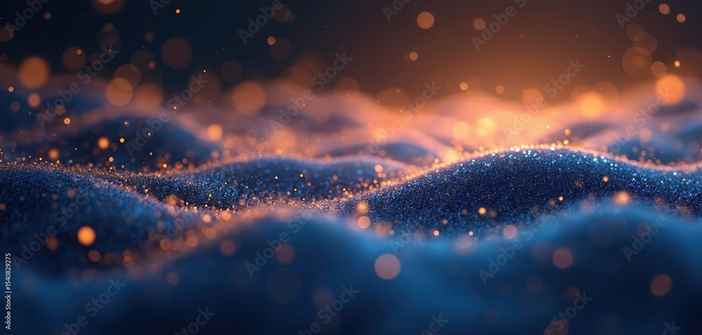 Poster Abstract banner background with dark bluish tones, golden glowing particles. Bokeh lights create magical stardust effect. Modern style element perfect for design. Luxurious glamour with elegance.