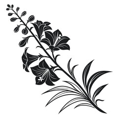 A stylized flower branch showcases buds, blooming blossoms, and elegant leaves in monochromatic black