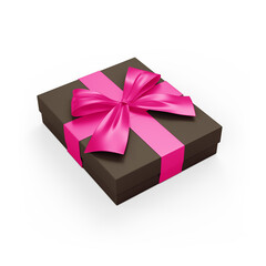 Perfectly cut out image of dark brown gift box with purple ribbon - persspective view - isolated...
