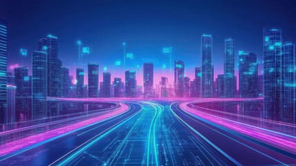 A futuristic city powered by machine learning, with data highways connecting buildings