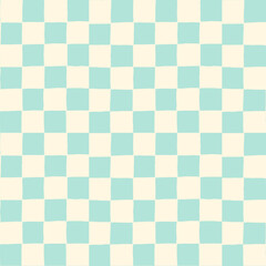 seamless repeating pattern with small hand drawn checkerboard in soft turquoise teal aqua and cream. Stylish summer checker for cosmetics, fabric, classy packaging projects, wallpaper, stationery