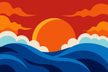 Vector illustration of a serene summer sunset over the ocean, with abstract clouds and mountains reflected in the water, perfect for a nature landscape design