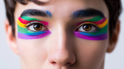 Close-up portrait of person with colorful, bold eye makeup in green, blue and pink tones.
