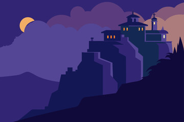 Obraz premium Old European castle silhouette on a moonlit hill with an orange sunset sky and blue clouds over a nature landscape