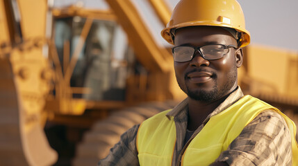 Confident African male construction or mining worker, yellow safety helmet and work shirt, standing folded arms in front of a large yellow dump truck. Mining or construction site. professionalism and 