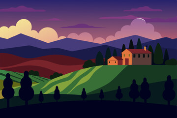 Fototapeta premium Mountain village landscape with church, trees, and green meadows under a summer sky