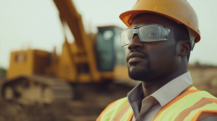 Confident African male construction or mining worker, yellow safety helmet and work shirt, standing folded arms in front of a large yellow dump truck. Mining or construction site. professionalism and 