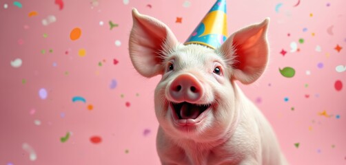 Joyful pig celebrates with party hat on pink background. Smiling animal surrounded by confetti expresses happiness. Fun festive moment with vibrant colors. Ideal for birthday party or holiday.