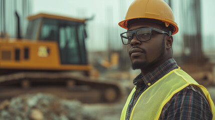 Confident African male construction or mining worker, yellow safety helmet and work shirt, standing folded arms in front of a large yellow dump truck. Mining or construction site. professionalism and 
