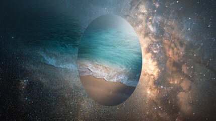 Abstract Curved Shoreline in Teal and Turquoise with Cosmic Galaxy Background