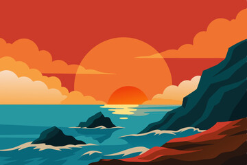 Sunset over the sea and mountains, a beautiful landscape view from the coast