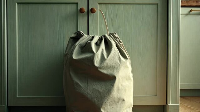 Minimal laundry area featuring fabric drawstring storage bag in corner with soft shadows