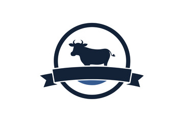 Cow and Ribbon Badge Logo in a Circle on White Background