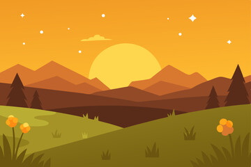 Vector illustration of a serene mountain landscape at sunset, featuring a vibrant sky, green meadows, and trees
