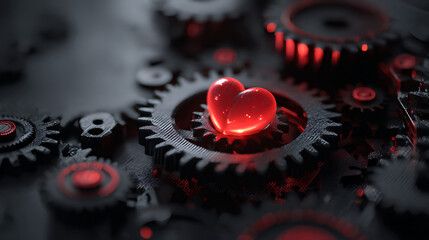 Red Heart Surrounded by Black and Red Gears Abstract Background