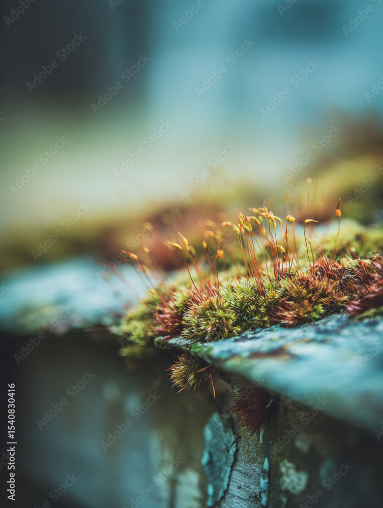 Poster a close up shot of moss growing on a stone surface with a blurred background in soft light setting