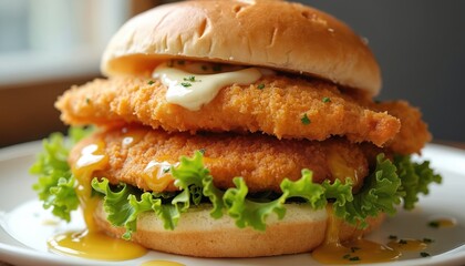 Crispy fried fish sandwich lettuce sauce on toasted bun. Seafood meal features crunchy fried fish, fresh lettuce layers, savory sauce. Fast food, burger cafe, restaurant menu.