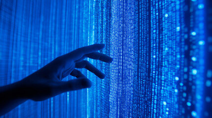 Human hand interacting with a glowing digital interface filled with binary code.
