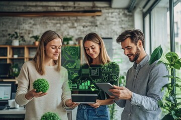 Caucasian colleagues collaborating on ecological projects with icons in a modern workspace, ecology icons over caucasian colleagues using tablet in office