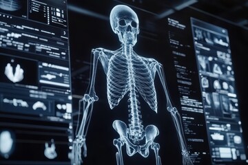 Human skeleton displayed on a holographic screen in a virtual environment, Scan of human skeleton on Holographic screen virtual hud elements, Futuristic User Interface