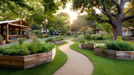 Serene community garden pathway with lush greenery and raised beds