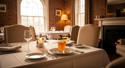 Fototapeta premium Dining Table Setup in Cozy Restaurant Interior Setting with Wine Glasses and Fireplace for Dinner Party or Romantic Evening Gathering