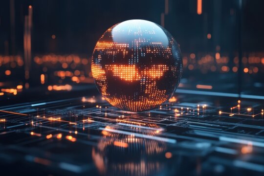 Spinning globe illuminated by circuitry and binary code in a digital landscape of technology, spinning globe over computing board and binary coding