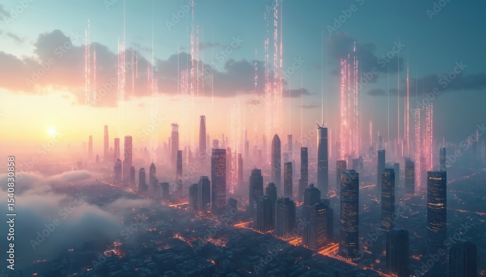 Poster Futuristic cityscape, wireless network connection concept. Modern skyscrapers with digital lines, data streams across skyline. Global communication, innovative tech, cyberspace, web, binary code,