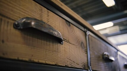 Artisan Cabinetry Shows Rustic Wood And Metallic Accents With Close Up View