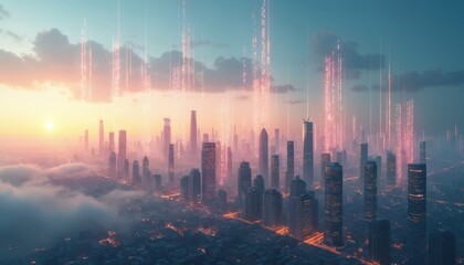 Futuristic cityscape, wireless network connection concept. Modern skyscrapers with digital lines, data streams across skyline. Global communication, innovative tech, cyberspace, web, binary code,