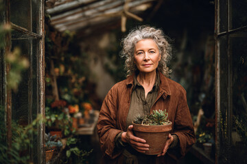 Woman with curly gray hair holding a potted plant in a greenhouse surrounded by greenery and natural light