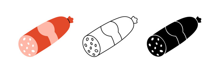 Delicious salami icon set. Semi-finished products. Vector illustration.