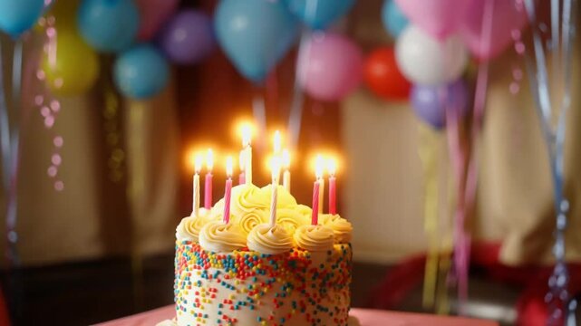 feliz cumpleanos en espanol Lit birthday cake with colorful sprinkles and balloons celebrating a special occasion