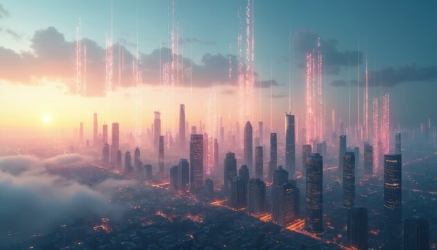 Futuristic cityscape, wireless network connection concept. Modern skyscrapers with digital lines, data streams across skyline. Global communication, innovative tech, cyberspace, web, binary code,