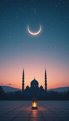 Crescent Moon Above Mosque Silhouette at Sunset – Peaceful Islamic Night Scene with Lantern Light