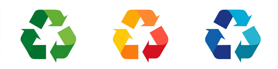 Three colorful recycling symbols in green orange and blue on a white background in a horizontal format