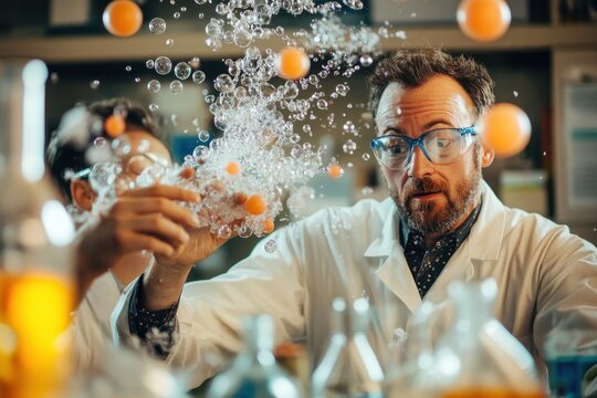 Falling molecules and experimenting scientists engaged in a chemistry lab demonstration in educational setting, falling molecules over caucasian scientists doing experiment