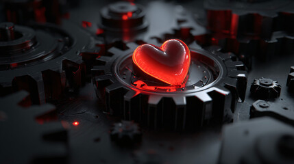 Red Heart Surrounded by Black and Red Gears Abstract Background
