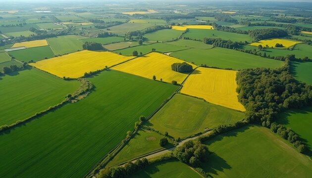Aerial view of fields, meadows, Serbia. Green grass, yellow flowers, forest, trees, arable land form geometric patterns. Nature landscape background. Rural farming, harvest, eco agriculture.