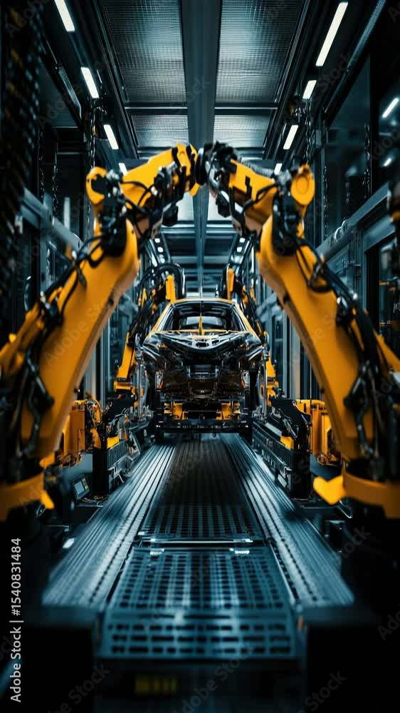 Poster industrial robots working together to repair a vehicle in a modern factory setting