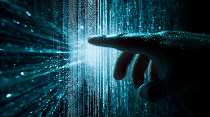 A human hand reaches out to touch a glowing, abstract beam of digital light or data streams, representing connection to technology.
