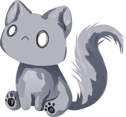 A spooky cat sits quietly, its big fluffy tail curled around, eyes glowing with mystery