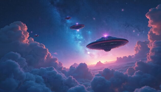 UFOs hovering in starry sky with vibrant colors and cosmic clouds. Extraterrestrial vehicles fly over clouds at night. Futuristic exploration, cosmic adventure, alien technology, fantasy.