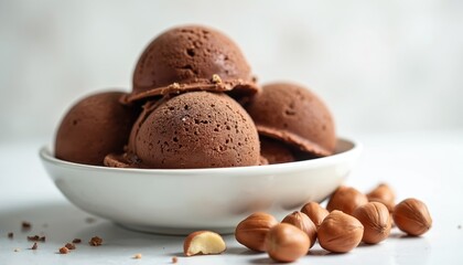 Delicious chocolate gelato scoops in white bowl, with scattered hazelnuts. Rich, creamy ice cream dessert on white table. Perfect treat for summer, food shot for cafe, restaurant, food blog.
